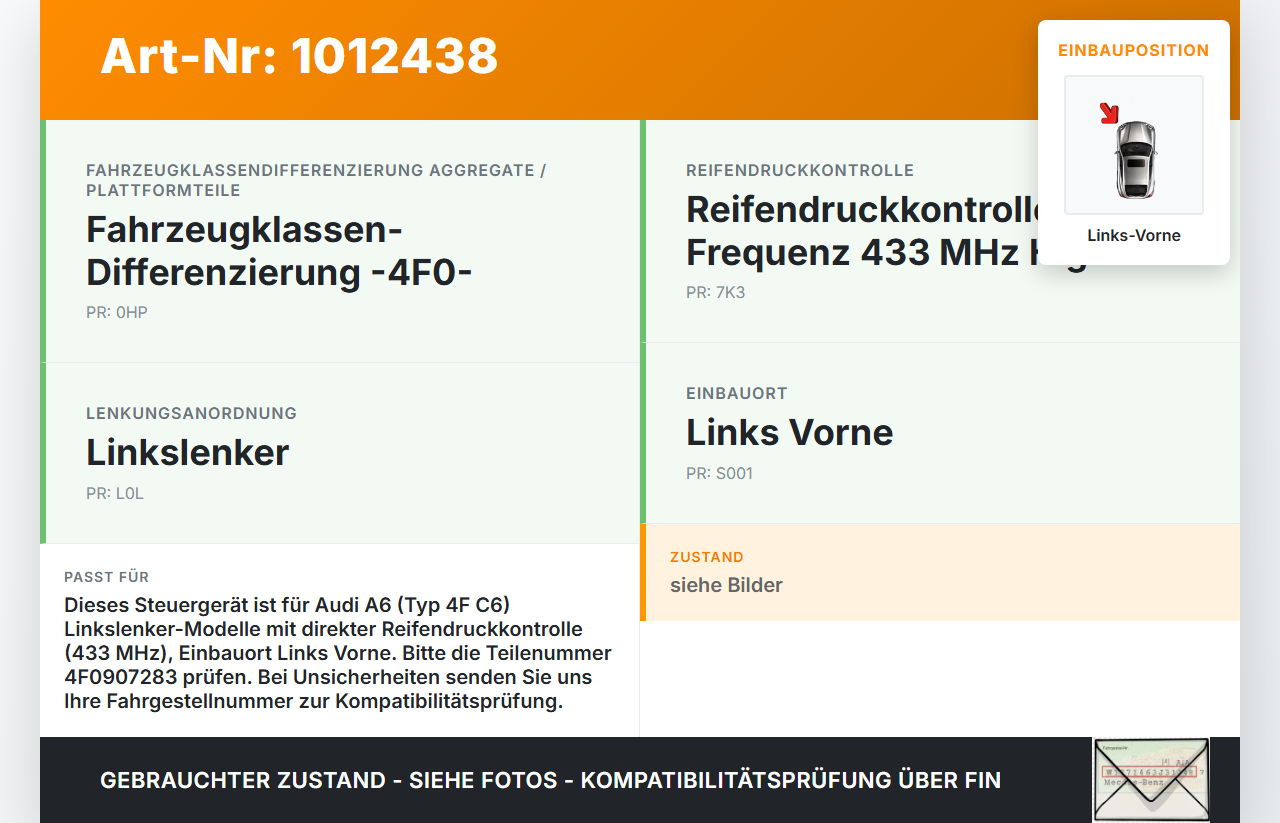 Audi A6 4F C6 qu 04-08 Steuergerät SG Reifendruckkontrolle Links Vorne Audi A6 4F C6 qu 04-08 05.04.2006 4F0907283... Vorschau 3