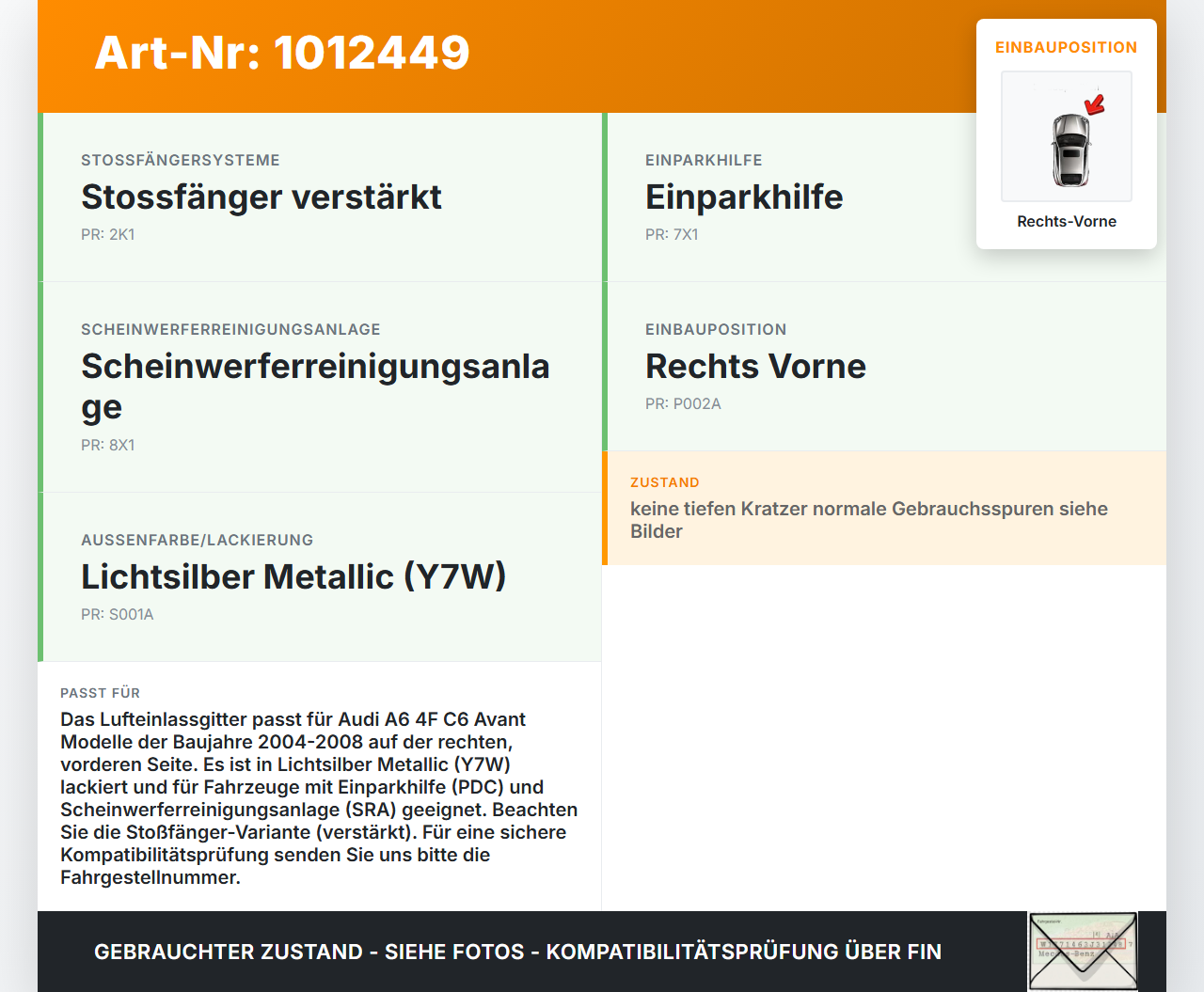 Audi A6 4F C6 qu 04-08 Lufteinlassgitter für Stoßstange Stoßfänger Rechts Vorne LY7W Audi A6 4F C6 qu 04-08... Vorschau 3