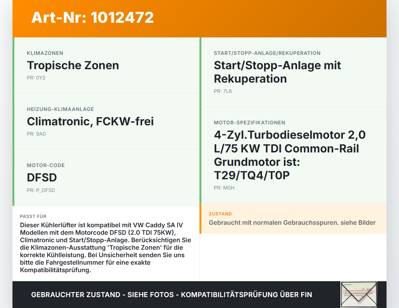 VW Caddy SA IV 15-20 TDI 2,0 75KW Lüfter Ventilator f. Kühler VW Caddy SA IV 15-20 11.04.2019 1K0959455FB... Vorschau 3