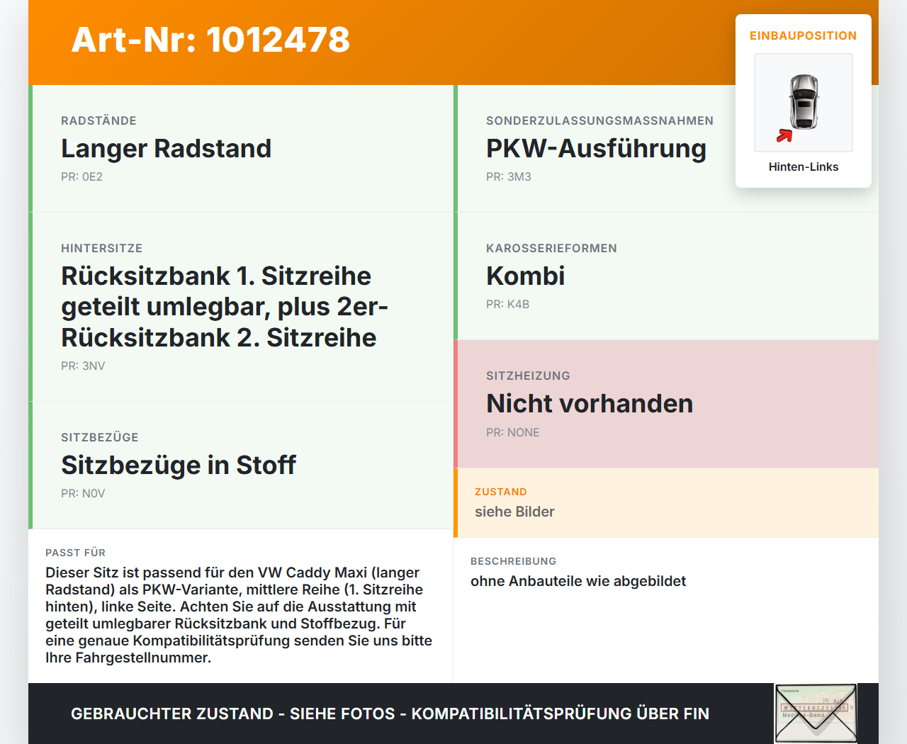 VW Caddy SA IV 15-20 Kombi Sitz Rücksitzbank Hinten mittlere Reihe Links VW Caddy SA IV 15-20 11.04.2019 2K5885103... Vorschau 3