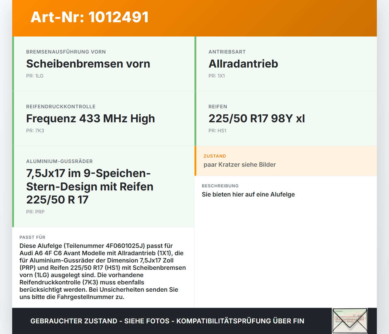 Audi A6 4F C6 qu 04-08 TDI 3,0 171KW 1x Felge Alufelge 5X112 7.5X17Zoll ET45 Audi A6 4F C6 qu 04-08 05.04.2006... Vorschau 3