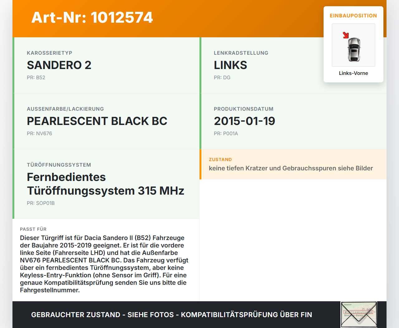 Dacia Sandero II B52 15-19 Lim Türgriff Griff aussen Links Vorne NV676 Dacia Sandero II B52 15-19 04.03.2015 gebraucht Vorschau 3