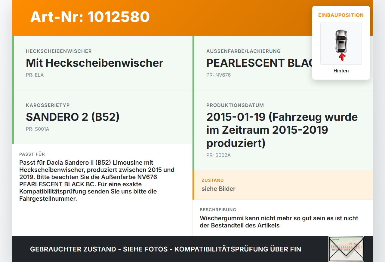 Dacia Sandero II B52 15-19 Lim Heckwischer Scheibenwischer Hinten Wischarm Dacia Sandero II B52 15-19 04.03.2015... Vorschau 3