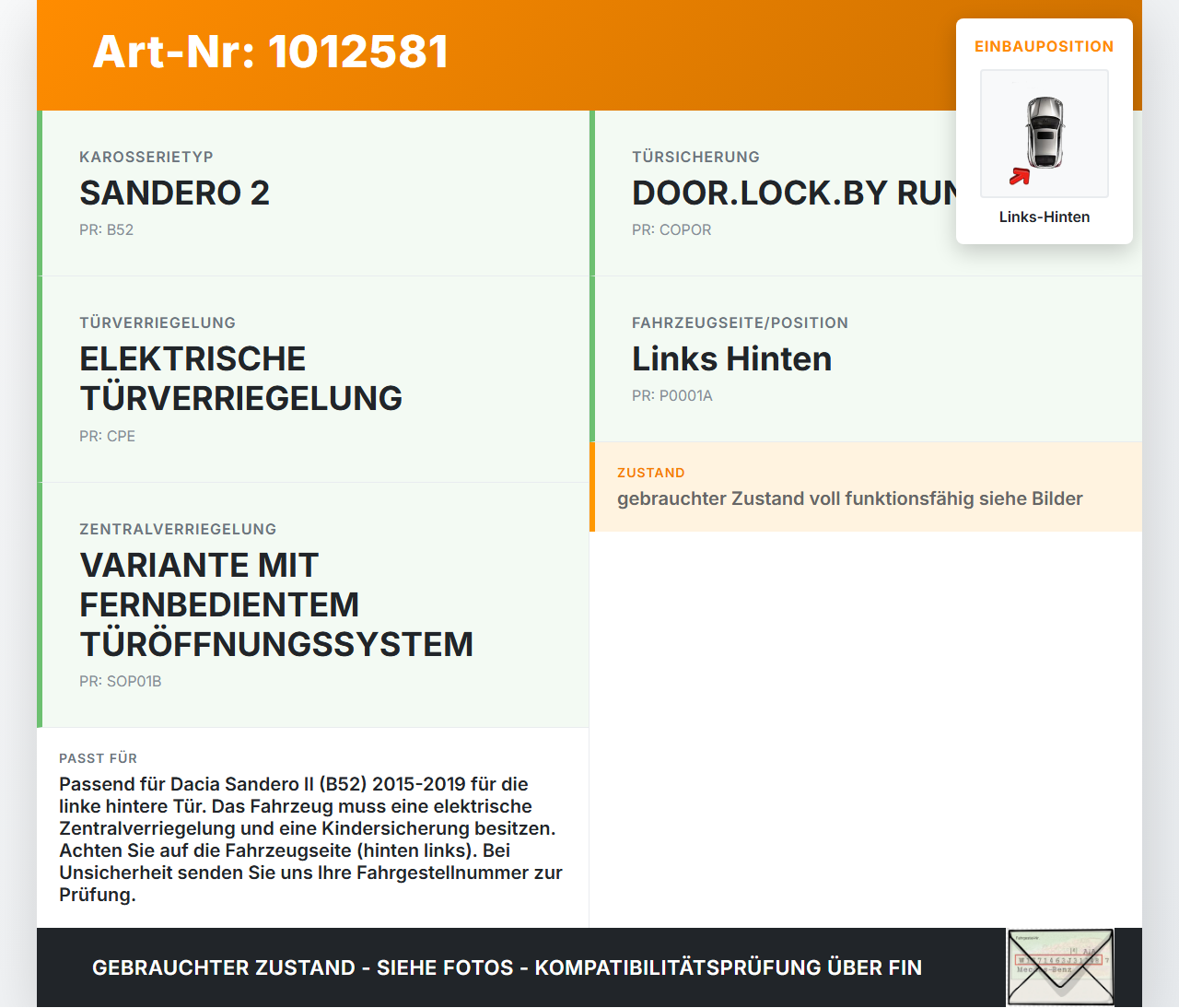 Dacia Sandero II B52 15-19 Lim Türschloss m. ZV Stellmotor Links Hinten mit Kindersicherung Dacia Sandero II B52... Vorschau 3