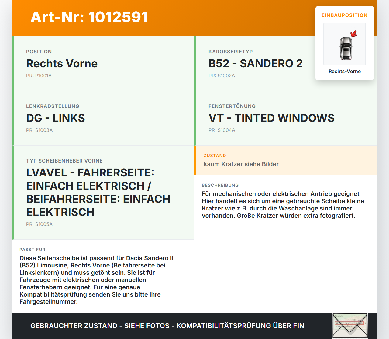 Dacia Sandero II B52 15-19 Lim Seitenscheibe RVK Türscheibe Rechts Vorne Dacia Sandero II B52 15-19 04.03.2015 gebraucht Vorschau 3