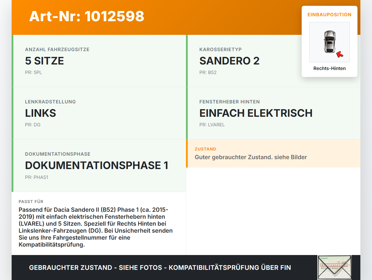 Dacia Sandero II B52 15-19 Lim Fensterhebermotor mit Fensterheber Rechts Hinten Dacia Sandero II B52 15-19... Vorschau 3