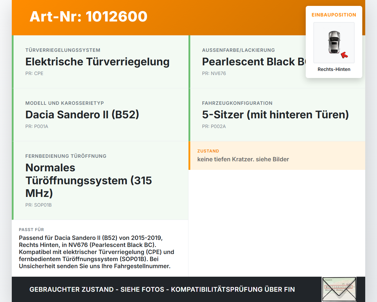 Dacia Sandero II B52 15-19 Lim Türgriff Griff aussen Rechts Hinten NV676 Dacia Sandero II B52 15-19 04.03.2015 gebraucht Vorschau 3