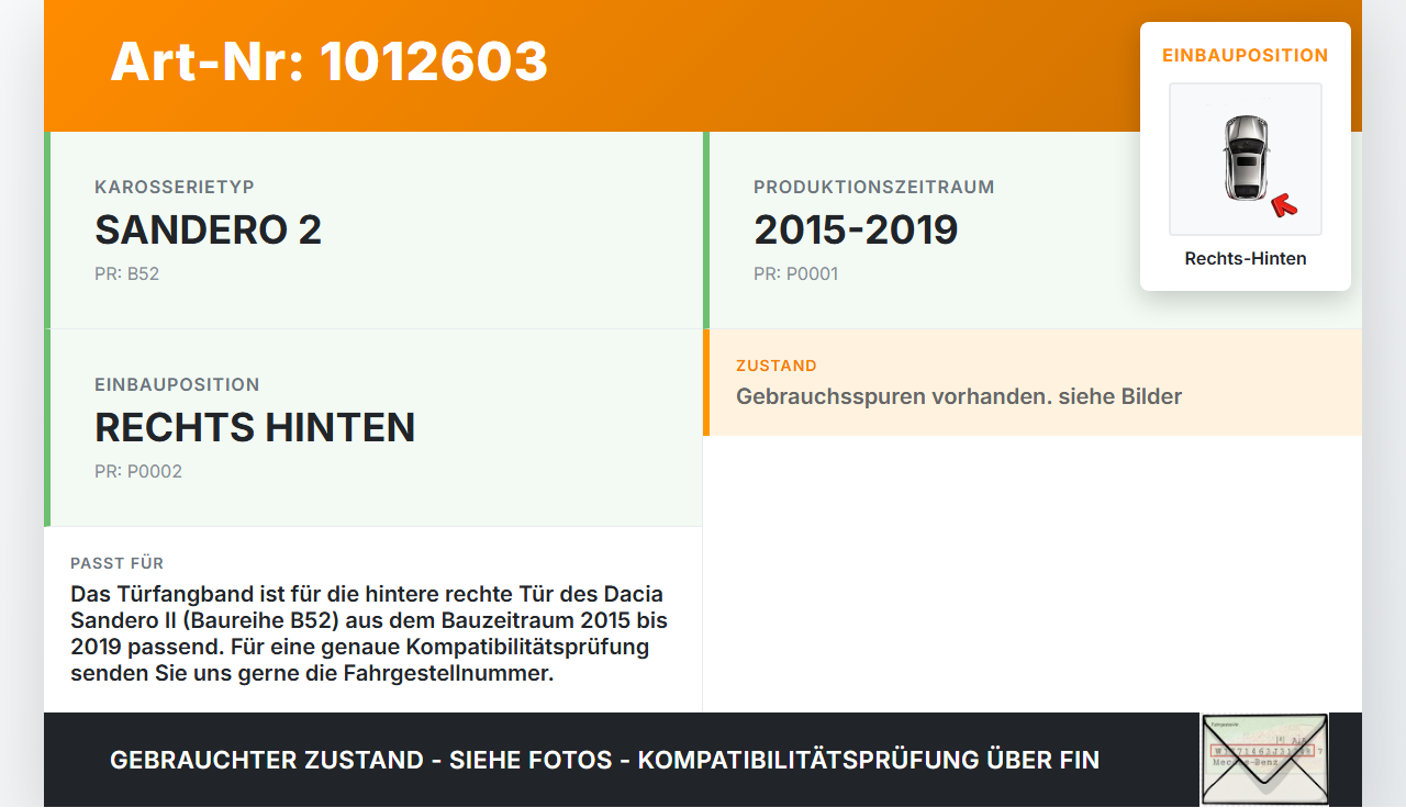 Dacia Sandero II B52 15-19 Lim Türfangband Türbremse Türanschlag Rechts Hinten Dacia Sandero II B52 15-19... Vorschau 3