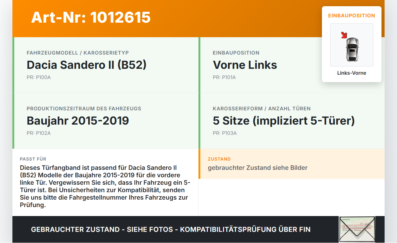 Dacia Sandero II B52 15-19 Lim Türfangband Türbremse Türanschlag Links Vorne Dacia Sandero II B52 15-19 04.03.2015... Vorschau 3