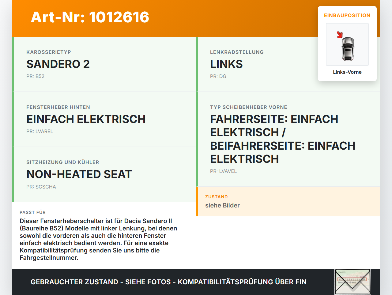Dacia Sandero II B52 15-19 Lim Fensterheberschalter Schalter Links Vorne Dacia Sandero II B52 15-19 04.03.2015... Vorschau 3
