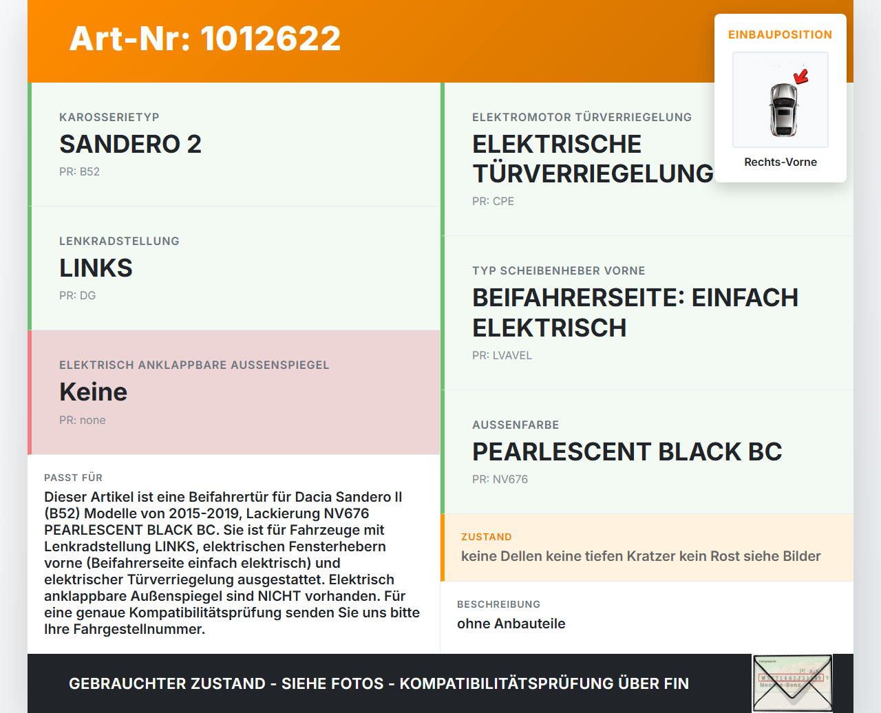 Dacia Sandero II B52 15-19 Lim Tür Beifahrertür Rechts Vorne NV676 Dacia Sandero II B52 15-19 04.03.2015 gebraucht Vorschau 3