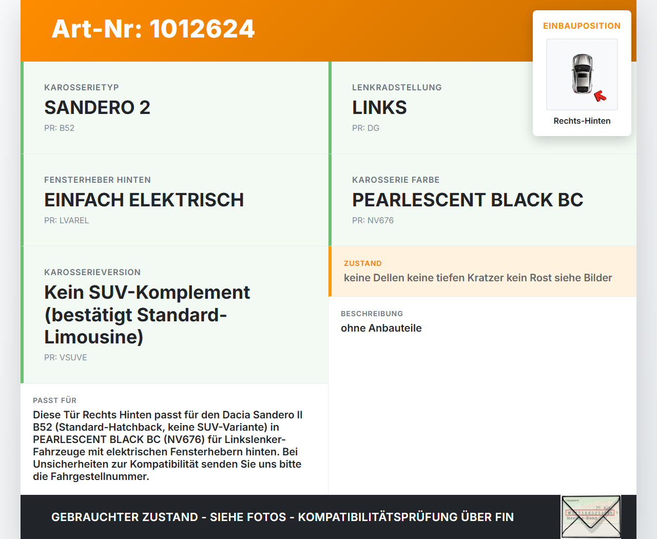 Dacia Sandero II B52 15-19 Lim Tür Rechts Hinten NV676 Dacia Sandero II B52 15-19 04.03.2015 gebraucht Vorschau 3