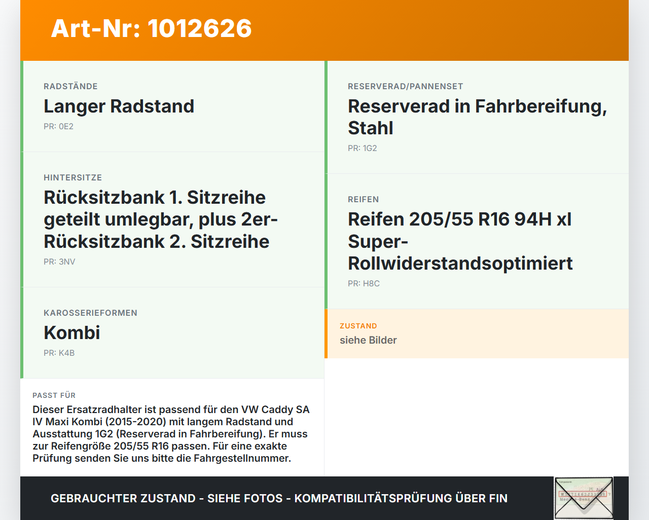 VW Caddy SA IV 15-20 Ersatzradhalter Reserveradhalter VW Caddy SA IV 15-20 11.04.2019 2K0801903 gebraucht Vorschau 3