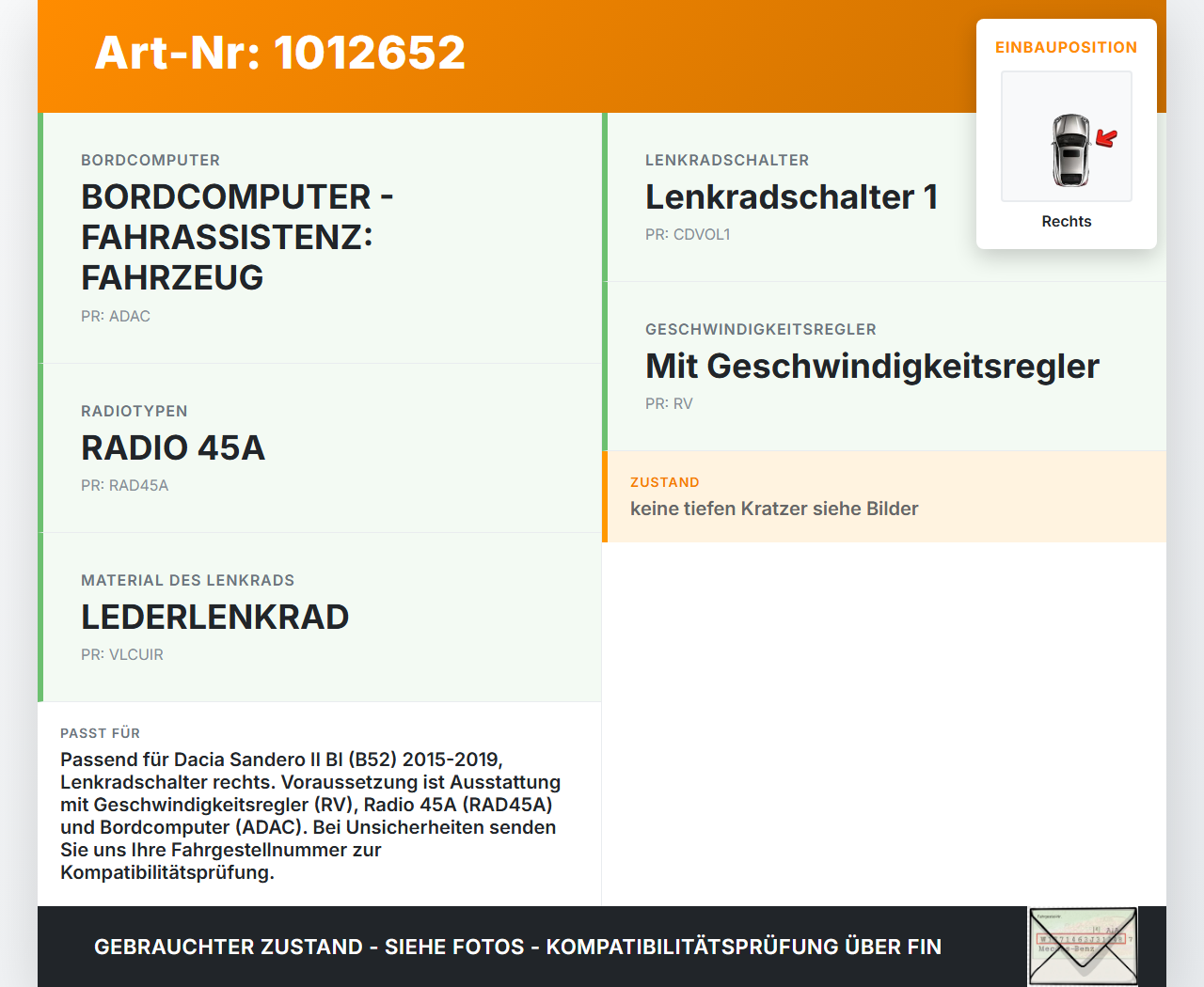 Dacia Sandero II B52 15-19 Lenkradschalter Multifunktionstasten Schalter für Lenkrad Rechts Dacia Sandero II B52... Vorschau 3