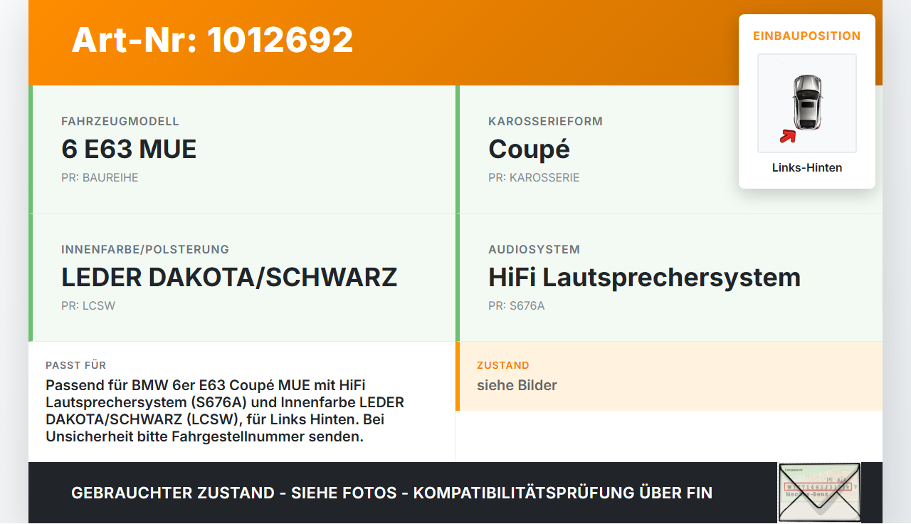 BMW E63 6er 650i 07-10 Lautsprecherblende Blende für Lautsprecher Links Hinten BMW E63 6er 650i 07-10 08.02.2008... Vorschau 3