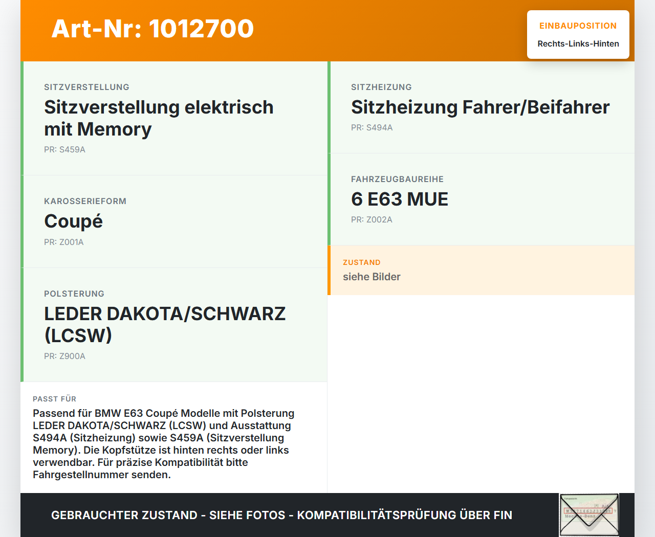 BMW E63 6er 650i 07-10 Kopfstütze Rechts oder Links Hinten BMW E63 6er 650i 07-10 08.02.2008 9137394 52209137394... Vorschau 3
