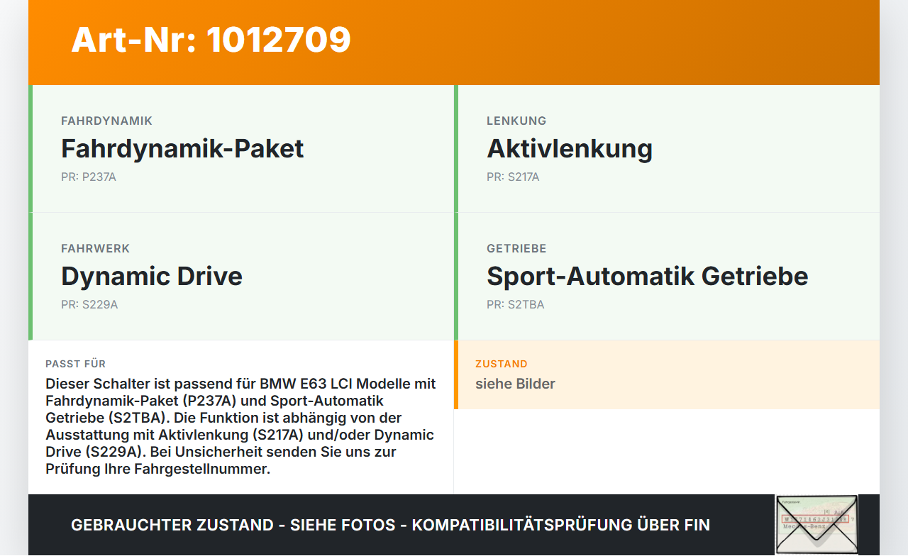 BMW E63 6er 650i 07-10 Schalter Sport Mode BMW E63 6er 650i 07-10 08.02.2008 61319142869 9142869 032134201 gebraucht Vorschau 3