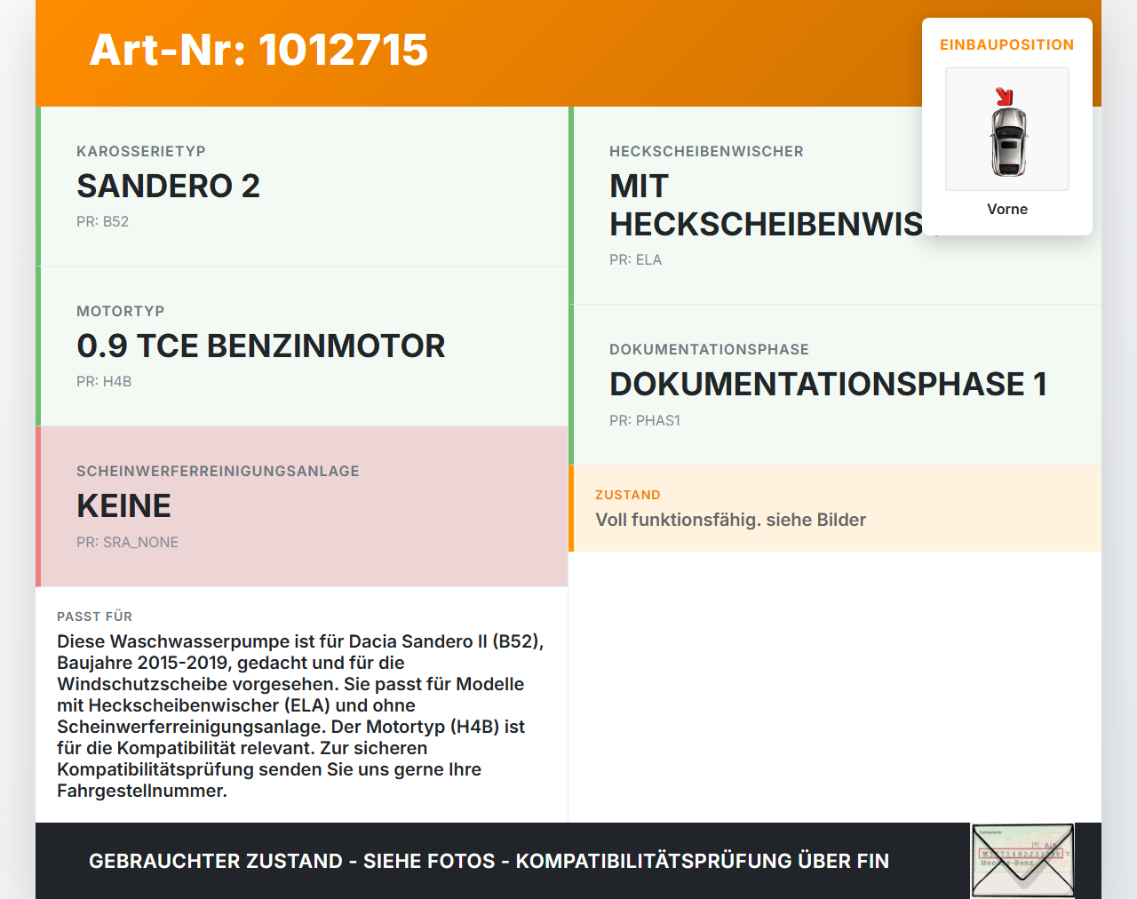 Dacia Sandero II B52 15-19 Waschwasserpumpe Wischwasserpumpe Waschpumpe Vorne Dacia Sandero II B52 15-19 04.03.2015... Vorschau 3