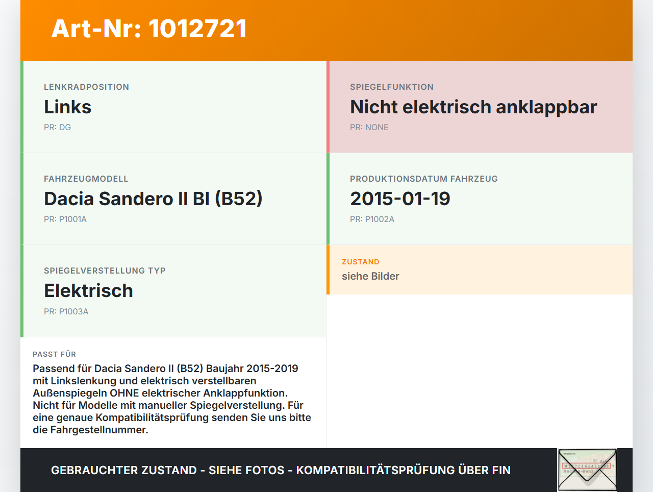 Dacia Sandero II B52 15-19 Spiegelverstellung Aussenspiegel Schalter Dacia Sandero II B52 15-19 04.03.2015... Vorschau 3