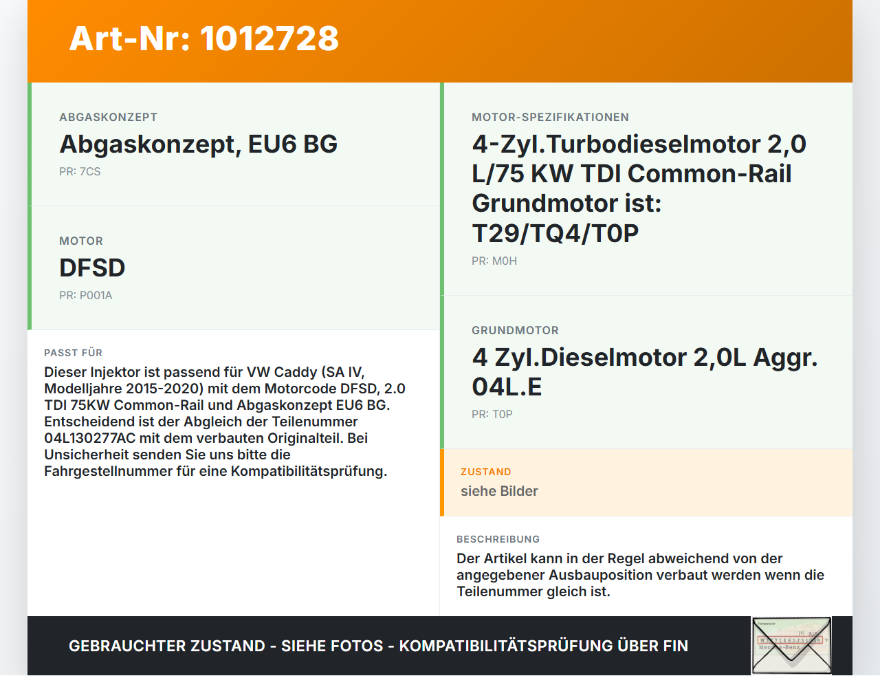VW Caddy SA IV 15-20 TDI 2,0 75KW Injektor Einspritzdüse Zyl.1 VW Caddy SA IV 15-20 11.04.2019 0445110469... Vorschau 3