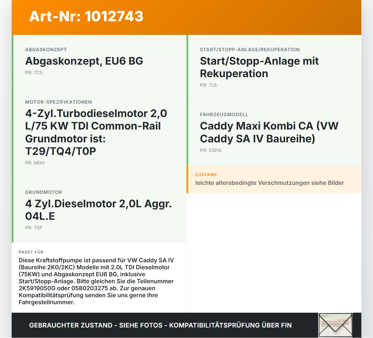 VW Caddy SA IV 15-20 TDI 2,0 75KW Kraftstoffpumpe Kraftstoff Förderpumpe Tankgeber VW Caddy SA IV 15-20 11.04.2019... Vorschau 3