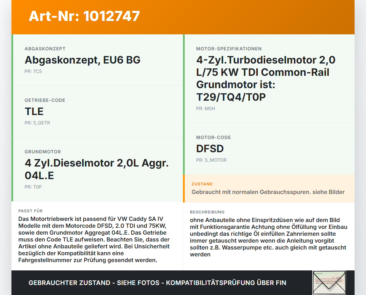 VW Caddy SA IV 15-20 TDI 2,0 75KW DFSD Motor Triebwerk VW Caddy SA IV 15-20 11.04.2019 04L100090F gebraucht Vorschau 3