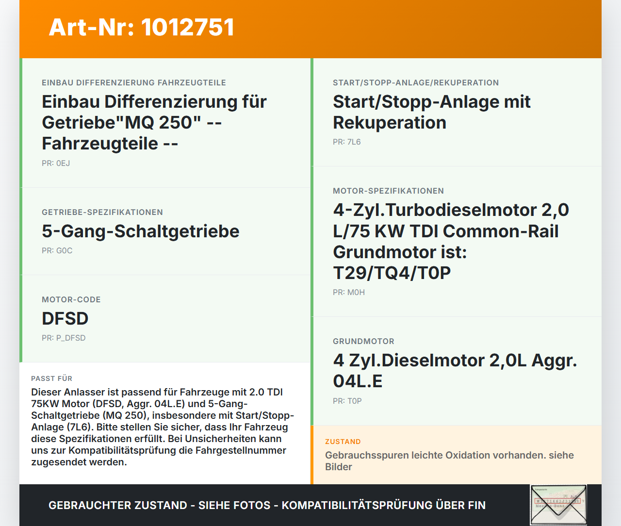 VW Caddy SA IV 15-20 TDI 2,0 75KW Anlasser Starter VW Caddy SA IV 15-20 11.04.2019 02Z911024H 0001153007 gebraucht Vorschau 3