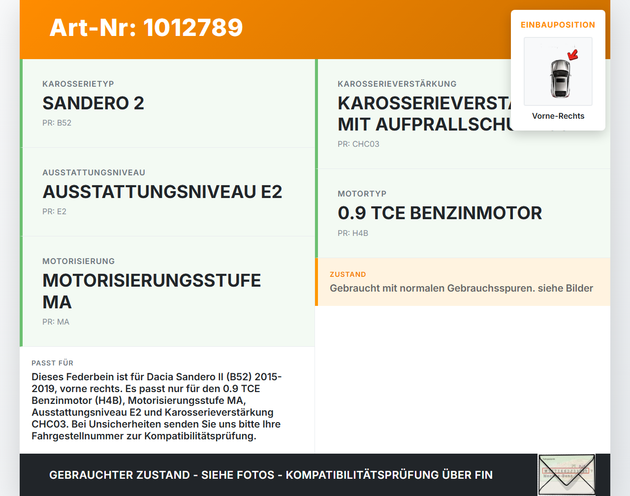 Dacia Sandero II B52 15-19 Lim Stossdämpfer Federbein Vorne Rechts Dacia Sandero II B52 15-19 04.03.2015 gebraucht Vorschau 3