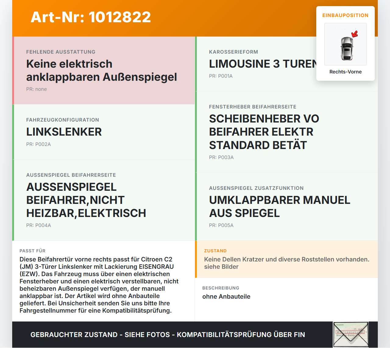 Citroen C2 JM 05-08 3T Tür Beifahrertür Rechts Vorne EZW Citroen C2 JM 05-08 20.10.2006 9010E5 gebraucht Vorschau 3
