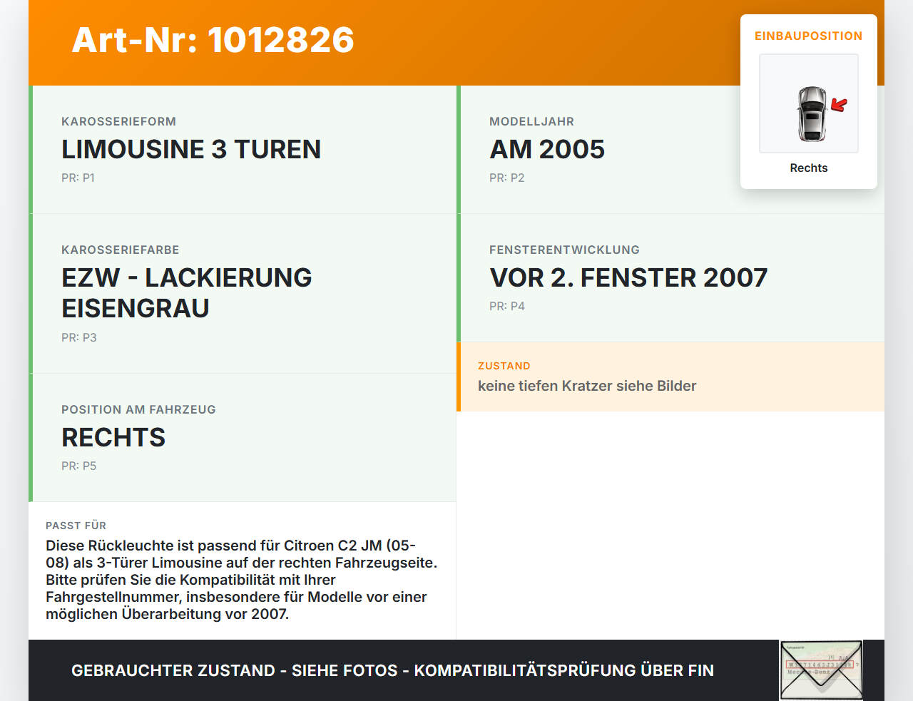 Citroen C2 JM 05-08 3T Rückleuchte Rücklicht Heckleuchte Rechts orig Citroen C2 JM 05-08 20.10.2006 9622318780... Vorschau 3