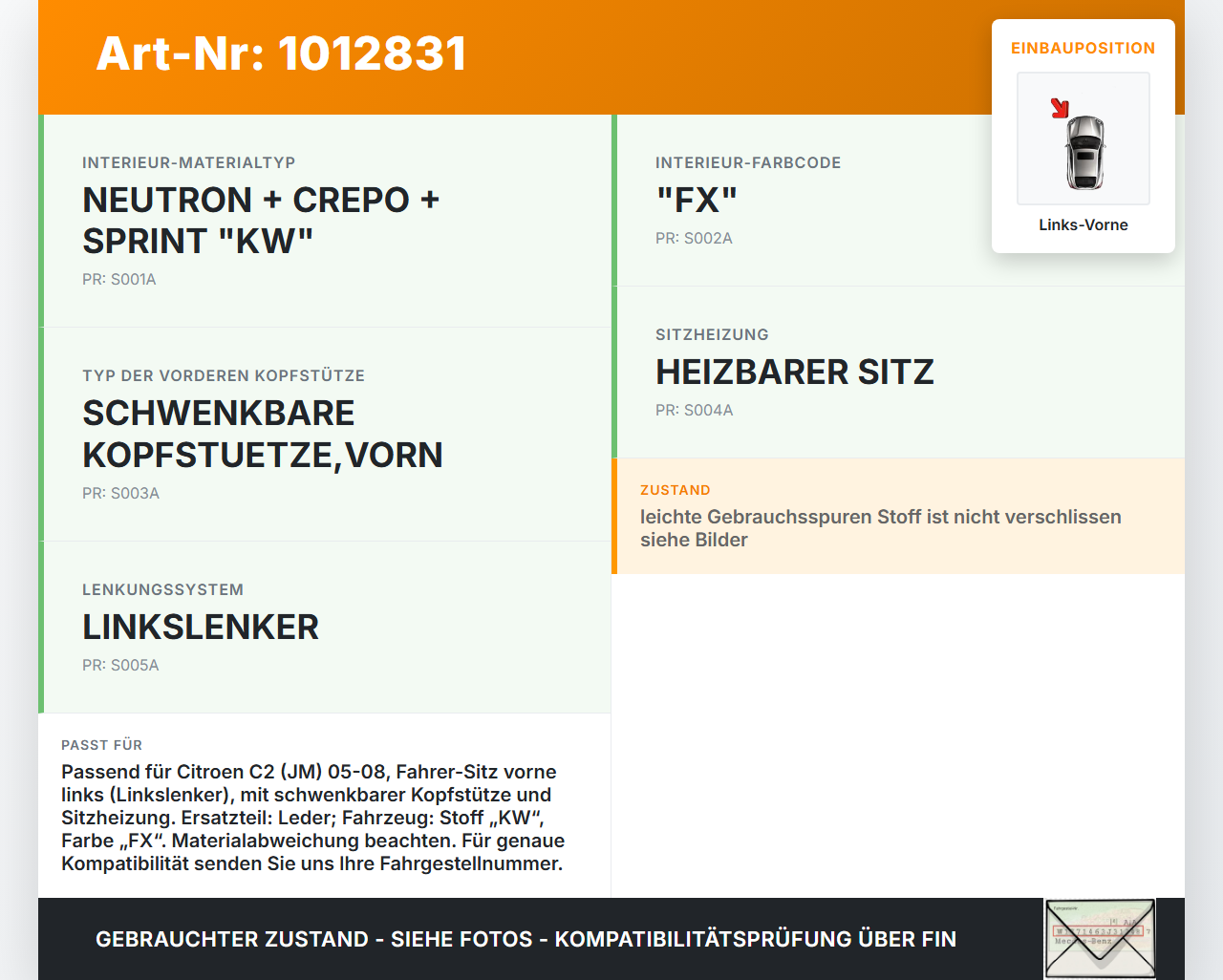 Citroen C2 JM 05-08 Kopfstütze für Fahrer Sitz Links Vorne Leder Citroen C2 JM 05-08 20.10.2006 8853R0 gebraucht Vorschau 3