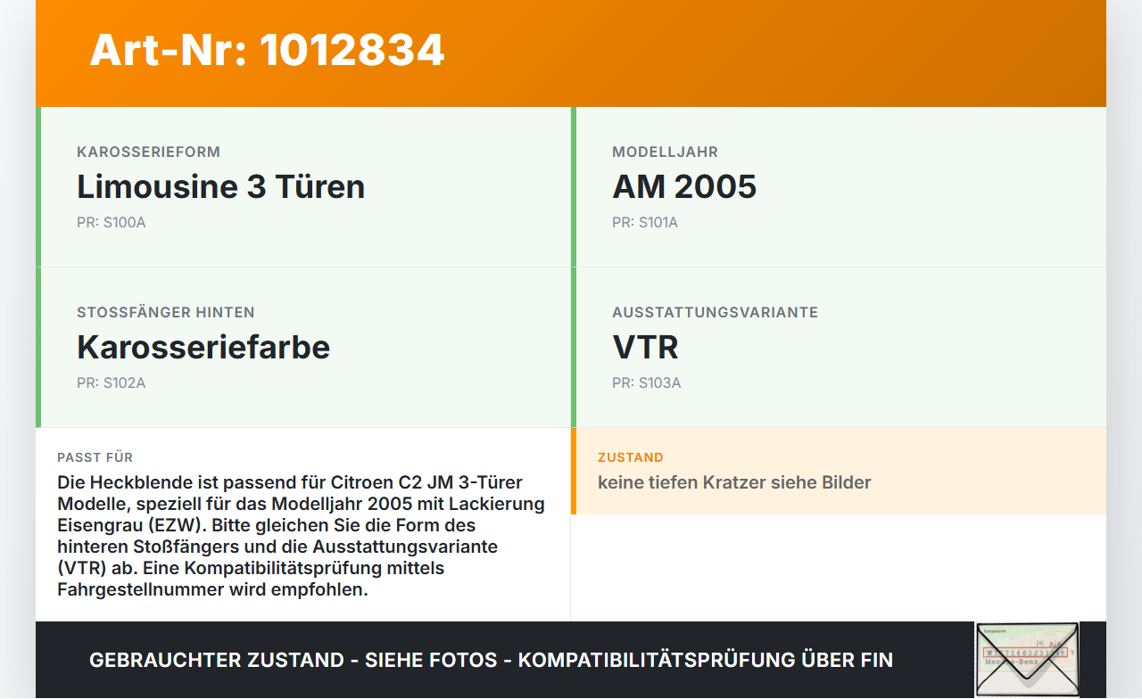 Citroen C2 JM 05-08 3T Heckblende Kennzeichenblende Citroen C2 JM 05-08 20.10.2006 9643320280 gebraucht Vorschau 3