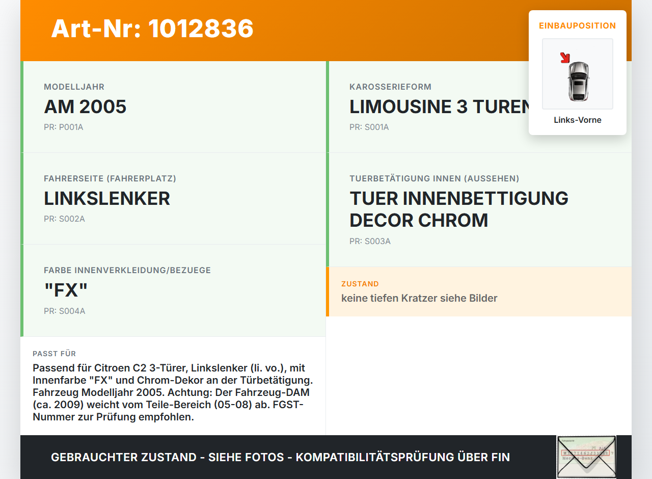 Citroen C2 JM 05-08 3T Türgriff Griff Griffmuschel Innen Links Vorne Citroen C2 JM 05-08 20.10.2006 9680187877 gebraucht Vorschau 3
