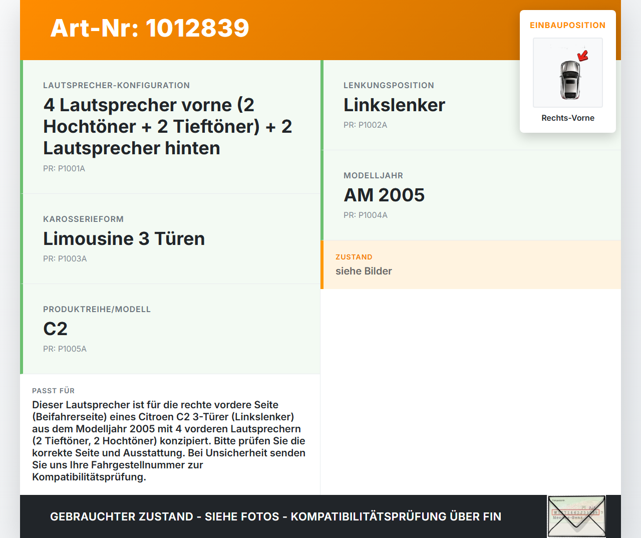 Citroen C2 JM 05-08 Lautsprecher Rechts Vorne Citroen C2 JM 05-08 20.10.2006 gebraucht Vorschau 3