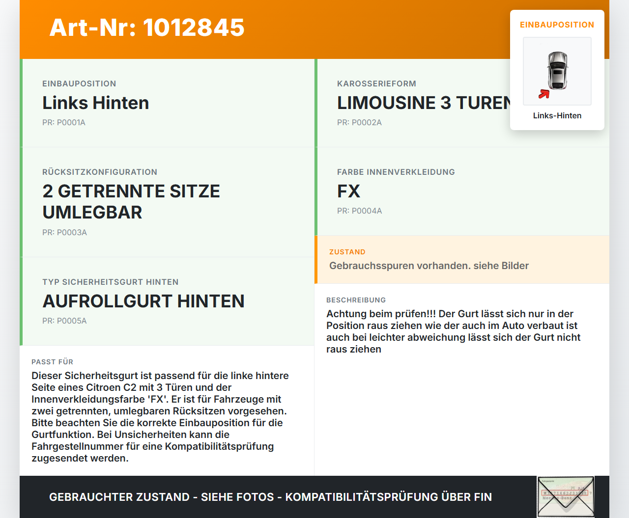 Citroen C2 JM 05-08 3T Gurt Sicherheitsgurt Links Hinten Citroen C2 JM 05-08 20.10.2006 96422204XX 33029503 62406ZC... Vorschau 3