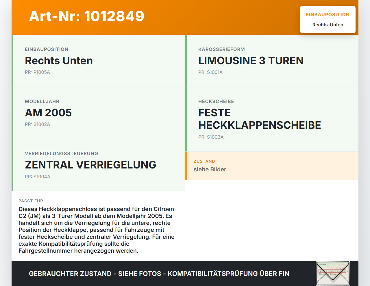 Citroen C2 JM 05-08 3 Türer Schloss f. Heckklappe Heckklappenschloss Verriegelung Rechts Unten Citroen C2 JM 05-08... Vorschau 3