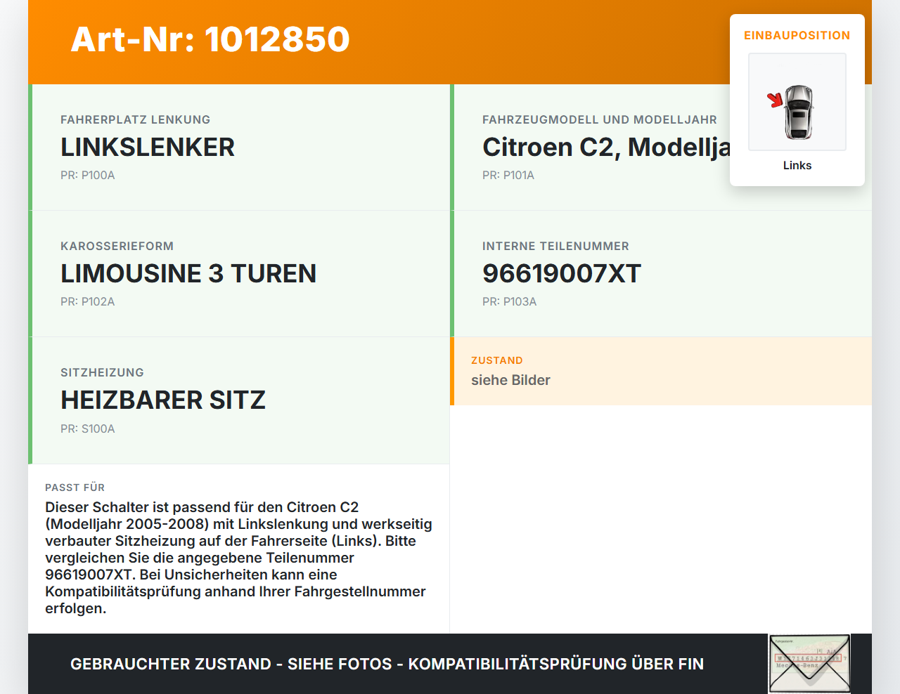 Citroen C2 JM 05-08 Schalter Regler für Sitzheizung Links Citroen C2 JM 05-08 20.10.2006 8904YE 96619007XT 32419805... Vorschau 3
