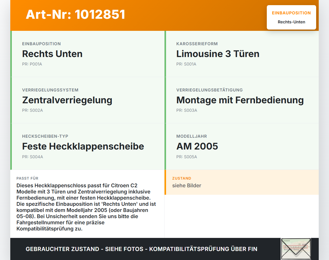 Citroen C2 JM 05-08 3 Türer Schloss f. Heckklappe Heckklappenschloss Verriegelung Rechts Unten Citroen C2 JM 05-08... Vorschau 3