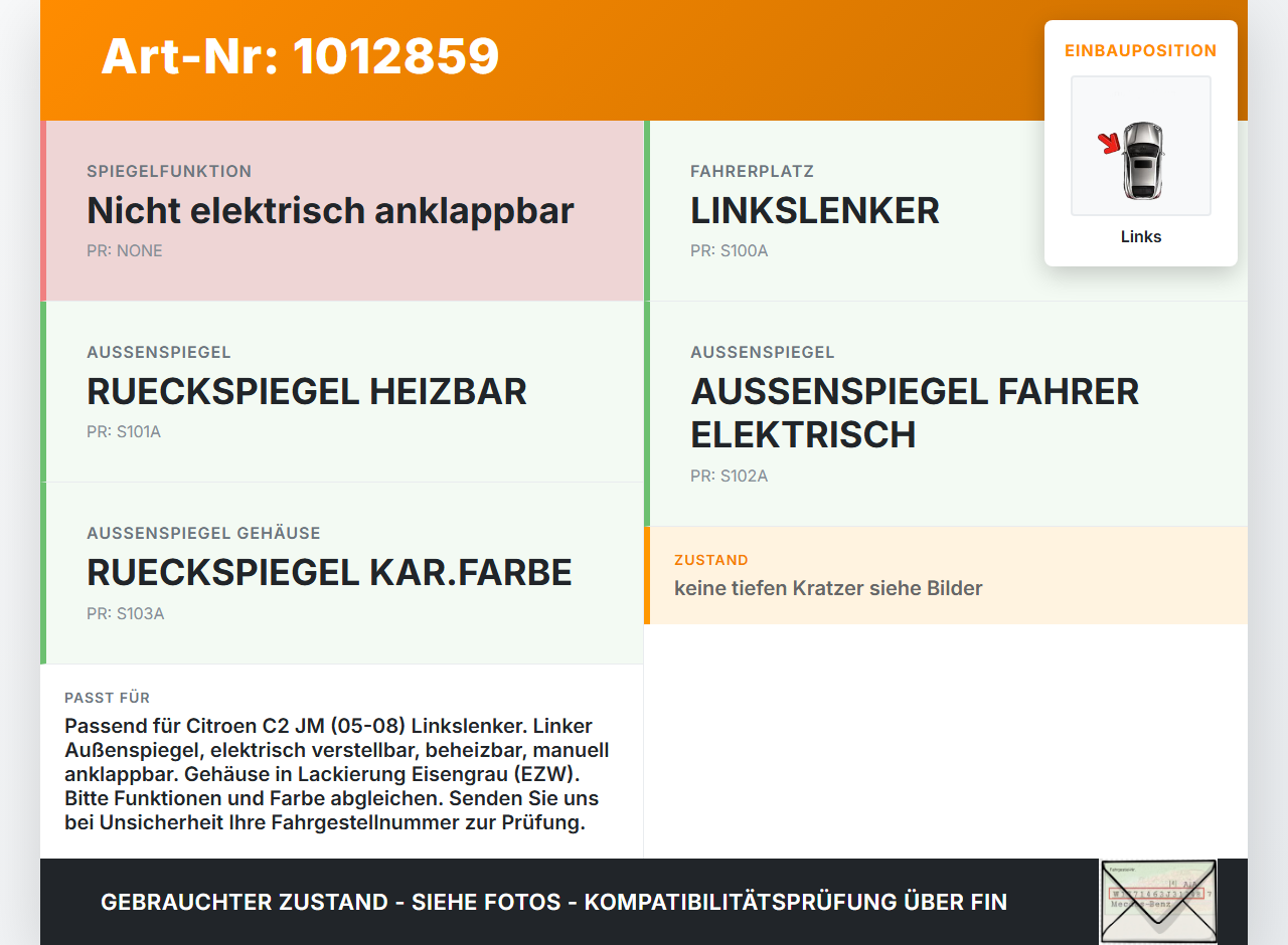 Citroen C2 JM 05-08 Spiegel Aussenspiegel Links EZW Citroen C2 JM 05-08 20.10.2006 8149SX gebraucht Vorschau 3