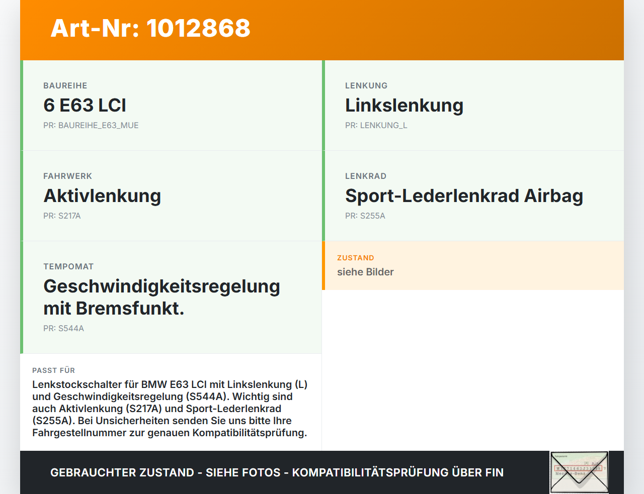 BMW E63 6er 650i 07-10 Lenkstockschalter Tempomat Bedienung BMW E63 6er 650i 07-10 08.02.2008 61316951352 6951352... Vorschau 3