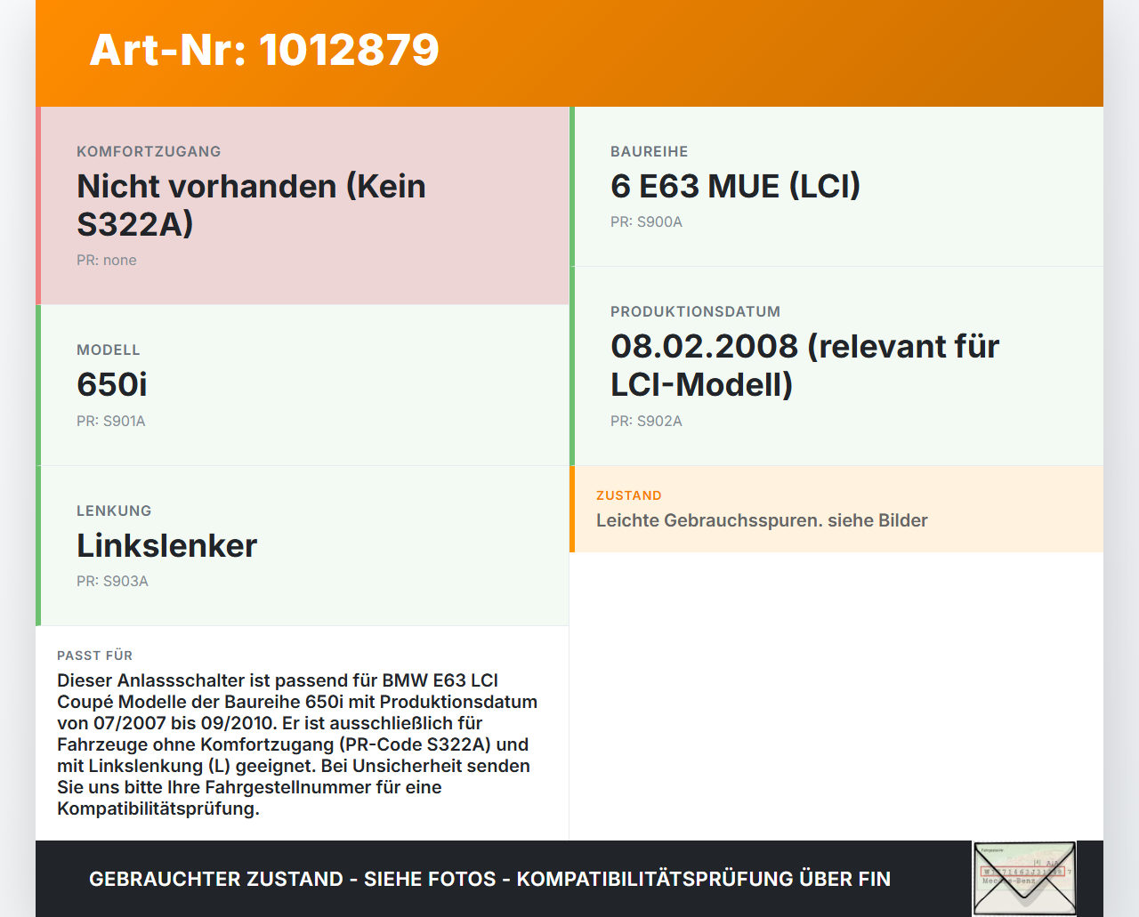 BMW E63 6er 650i 07-10 Schalter Start Stop On Off Anlassschalter BMW E63 6er 650i 07-10 08.02.2008 61319127886... Vorschau 3