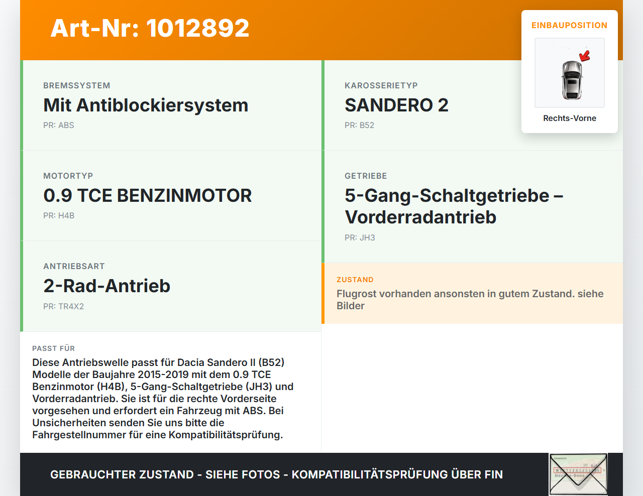 Dacia Sandero II B52 15-19 TCE 0,9 66KW Antriebswelle Gelenkwelle Rechts Vorne Dacia Sandero II B52 15-19... Vorschau 3
