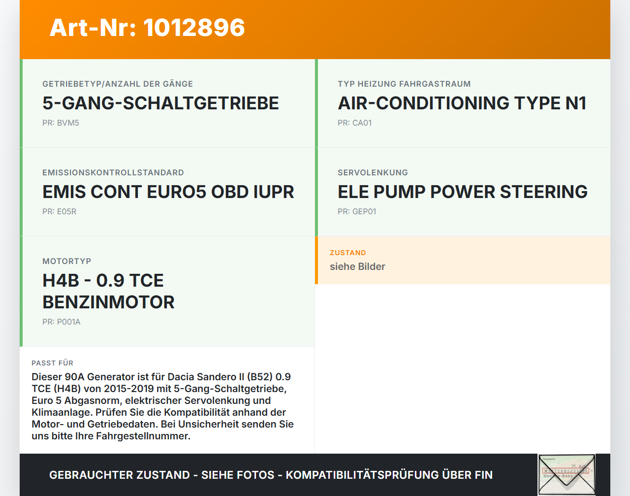Dacia Sandero II B52 15-19 TCE 0,9 66KW Lichtmaschine Generator 90A Dacia Sandero II B52 15-19 04.03.2015... Vorschau 3