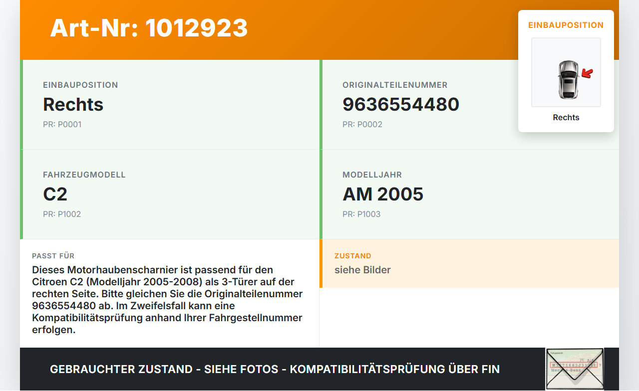 Citroen C2 JM 05-08 3 Türer Scharnier für Motorhaube Motorhaubenscharnier Rechts Citroen C2 JM 05-08 20.10.2006... Vorschau 3