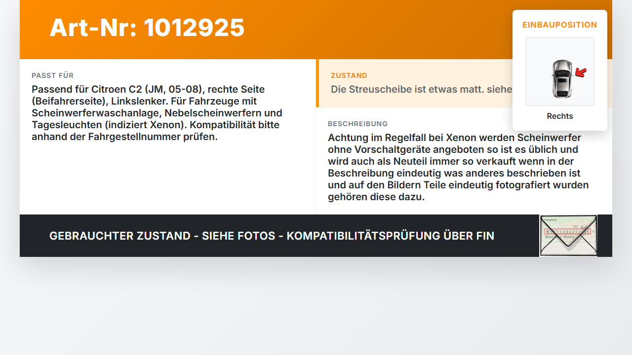 Citroen C2 JM 05-08 Scheinwerfer Frontscheinwerfer Rechts orig. Citroen C2 JM 05-08 20.10.2006 620670 gebraucht Vorschau 3