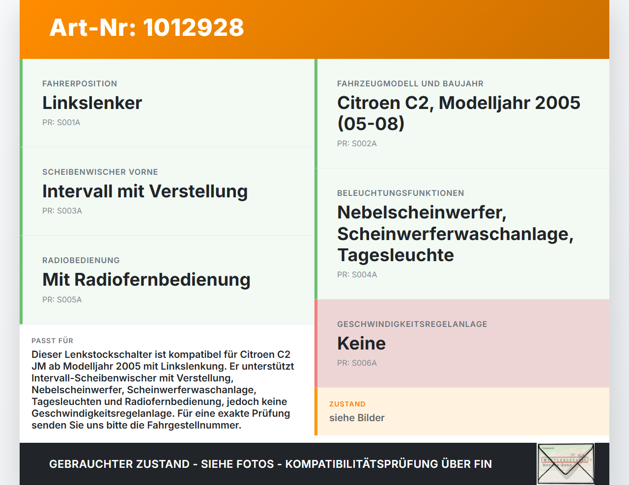 Citroen C2 JM 05-08 Lenkstockschalter Blinker Wischer Kombischalter Citroen C2 JM 05-08 20.10.2006 96608841XT gebraucht Vorschau 3