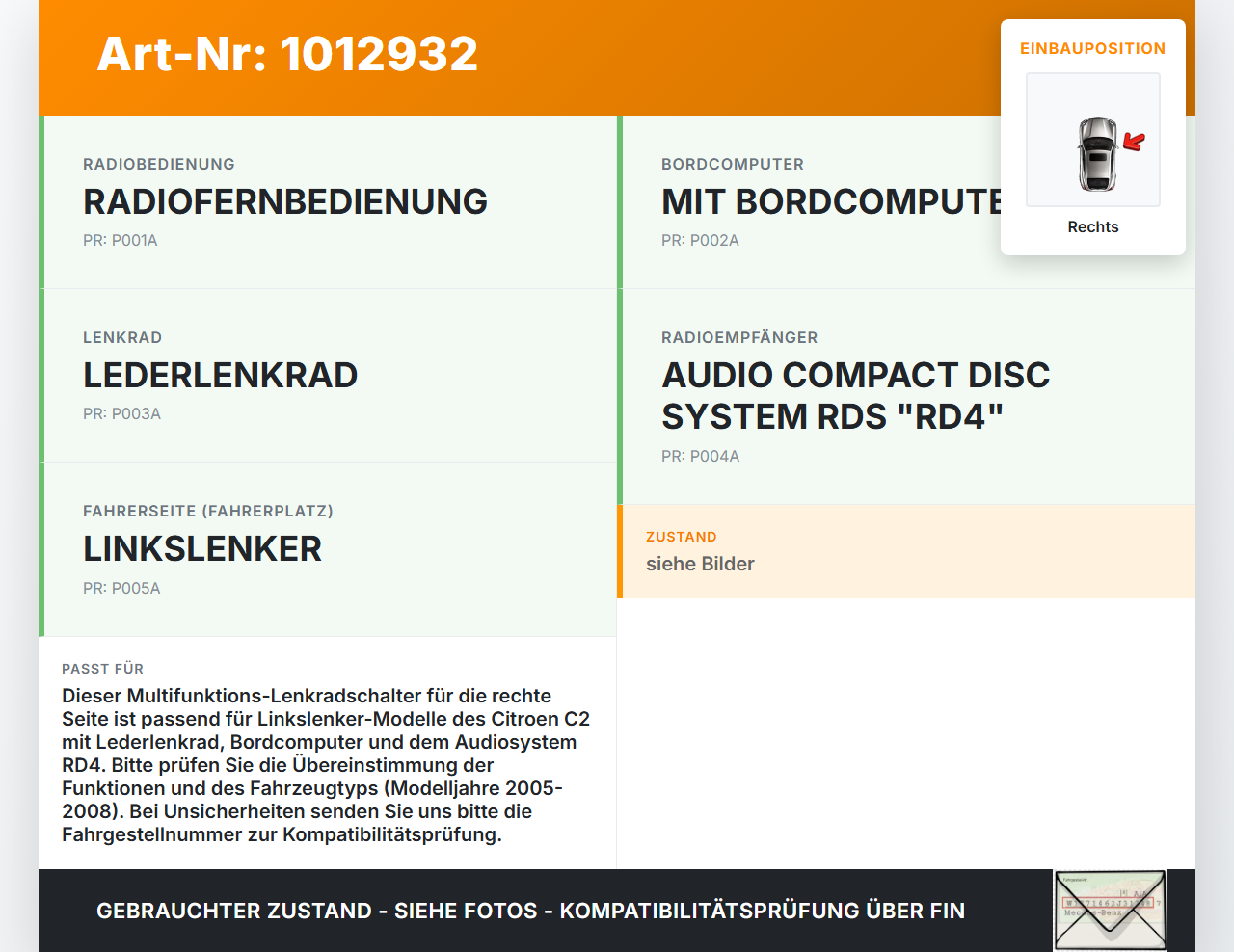 Citroen C2 JM 05-08 Lenkradschalter Multifunktionstasten Lenkrad Schalter Rechts Citroen C2 JM 05-08 20.10.2006... Vorschau 3