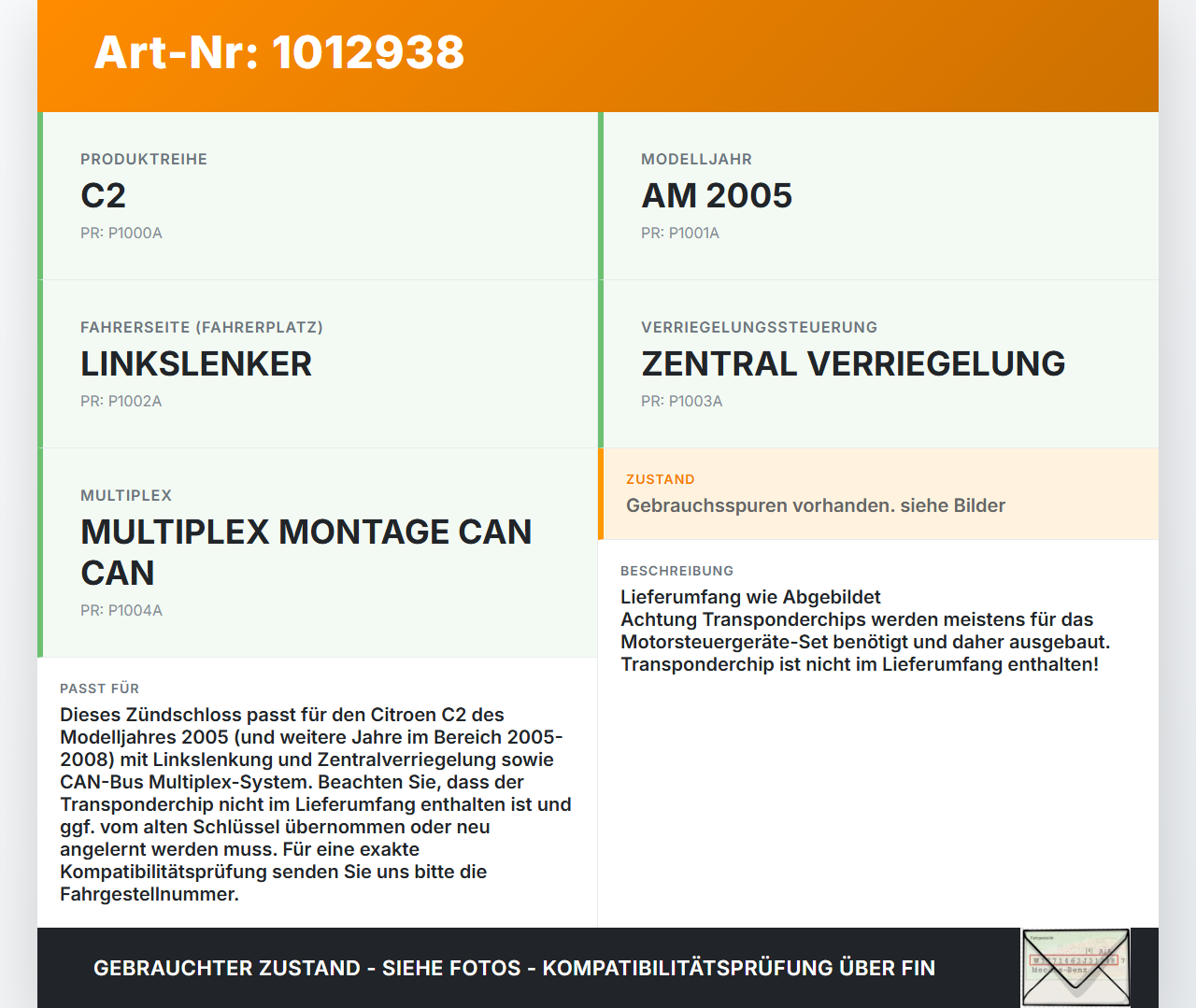 Citroen C2 JM 05-08 Schliesszylinder Zündschloss Schlüssel Schliessanlage Citroen C2 JM 05-08 20.10.2006 4162EA... Vorschau 3