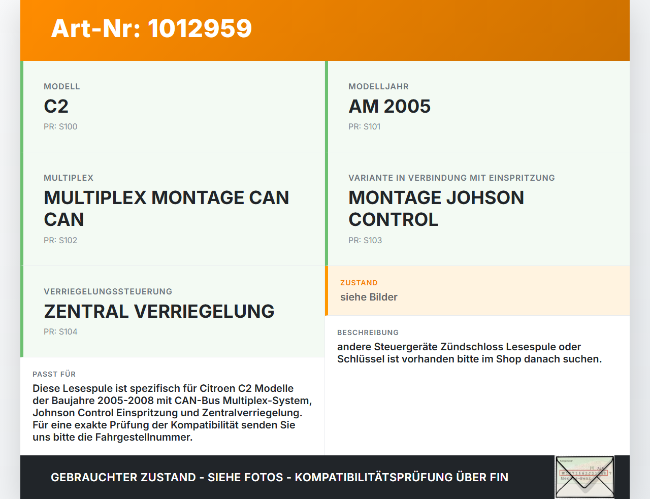 Citroen C2 JM 05-08 Lesespule Citroen C2 JM 05-08 20.10.2006 9648445180 48445180 gebraucht Vorschau 3