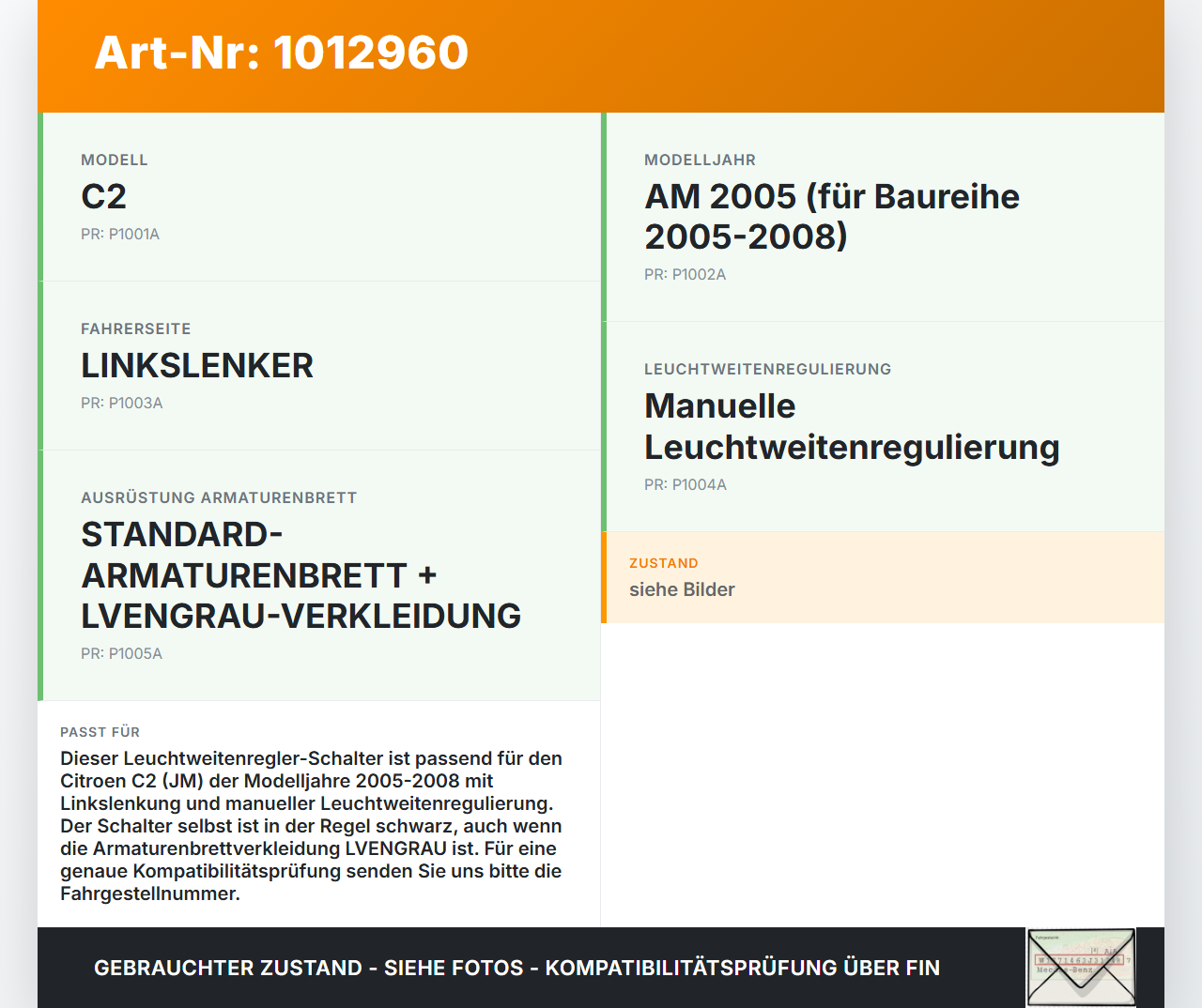 Citroen C2 JM 05-08 LWR Schalter Leuchtweitenregler Citroen C2 JM 05-08 20.10.2006 96384422XT 96366692XT gebraucht Vorschau 3